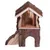 Maison à deux niveaux en bois naturel avec écorce, deux ouvertures en arc, rampe latérale visible. Aucun texte ou marque apparente.
