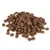 Brown dry food kibbles in round shape, stacked loosely on a white background.