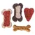 Four dog snacks in different shapes and colours: two bones with red and black accents, a red heart, and a brown bone.
