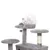 Grey cat tree with multiple levels, sisal scratching surface and play ball. White cat lying on the top platform.