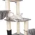 Arbre à chat gris avec plateformes, paniers en tissu et poteaux recouverts de sisal, chat blanc allongé sur une plateforme centrale.