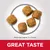 Five pieces of kibble shown with text stating kibble size approximately 11 by 11.5 millimetres and a label reading great taste.