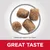Four pieces of kibble shown with approximate size 12 x 13mm. Text highlights great taste.