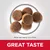 Round kibble pieces shown with text stating kibble size approximately 5.5 by 13mm and a label reading great taste.