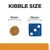 Kibble size comparison showing a 9mm round kibble next to a 16mm blue dice for scale.