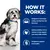 How it works: encourages eating from first bowl, provides optimal nutrition rich in calories for daily activity, and supports stool quality. Dog shown beside product benefits.