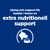 näring och support för hundar i behov av extra nutritionell support. Bild på hundhuvud och matskål. Text delvis på engelska.