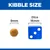 Kibble size comparison showing a 9mm kibble next to a 16mm dice for scale.