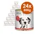 Confezione da 24 lattine da 800 g di DOG'S LOVE, alimento per cani. Testo visibile: 'FEINE KOST FÜR FEINE HUNDE'. Immagine di cane sulla confezione.