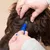 Person applying spot-on treatment to the skin by parting the fur and using a blue applicator.