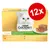Purina Gourmet Gold kattmat, 12x85 g. Text: Les terrines pour chat avec des légumes. Bild på vit katt och skivad terrin på tallrik. Stor röd cirkel med texten 12x.