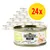 Pack of 24 tins, each labelled as chicken with cheese, grain-free recipe, limited ingredients, 70% chicken fillet, Greenwoods Delight, 70g per tin.