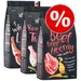 Greenwoods száraz kutyatáp csomagok: Beef Beef Hooray, Ready Turkey, A Whole Lotta Lamb. Elöl piros százalékjel akciós ajánlatot jelez.