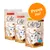 Tre påsar Catessy kattgodis, smaker: nötkött, lax och fågel. Text: 'Crunchy n’ smooth!', 'YUMMMMEOW!', orange cirkel med texten 'Prova nu!'. Varje påse 65 g. Tre påsar Catessy kattgodis, smaker: nötkött, lax och fågel. Text: 'Crunchy n’ smooth!', 'YUMMMMEOW!', orange cirkel med texten 'Prova nu!'. Varje påse 65 g.