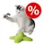 Gato jugando con juguete interactivo verde para gatos, mariposa en varilla y círculo rojo con símbolo de porcentaje (%) indicando oferta o descuento visible.