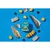 Box of Naturediet Feel Good White Fish food surrounded by visible ingredients including fish fillets, potato slices, rice grains and seaweed pieces on a blue background.
