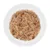 Bowl containing shredded wet food in gravy, showing texture and consistency for product evaluation.