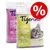 Tigerino Premium Natural Clay Clumping Litter, widoczne opakowania 12 kg z kotem i ikonami: ultra chłonny, szybka kontrola zapachu, natychmiastowe zbrylanie, bardzo mało pyłu. Symbol procentu.