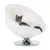 Grey cat sitting in a white, round cat bed with soft padding and shiny metal base.