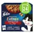 Purina Felix Sensations Extras Farm Selection in Jelly, 24x con manzo, tacchino, pollo, agnello. Immagine di cibo per gatti e icona verde con numero 24.