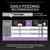 Daily feeding recommendation chart showing grams of food per day by kitten age in months, with options for dry or wet food. Includes portion calculator and feeding guidance note.
