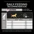 Daily feeding recommendation table showing grams per day for different weights and activity levels, plus a note to use the daily portion calculator on new packs.