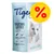 Tigerino Silicate Litter Classic Sensitive 5L, afbeelding van witte kat. Voordelen: licht, geurstop, remt bacteriegroei, stofvrij. Geel kortingssymbool met rood procentteken zichtbaar.