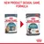 Royal Canin Hairball Care 85g pouch, old and new packaging side by side. Text: New product design, same formula. Both show cat image, product name, and gravy-salsa description.