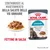 Royal Canin Urinary, fettine in salsa per gatti. Testo: contribuisce al mantenimento della salute delle vie urinarie. Immagine di bustina, piatto con fettine e gatto.