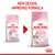 Royal Canin Kitten: imagen comparativa de dos envases, uno antiguo y otro nuevo con texto en inglés 'NEW DESIGN, IMPROVED FORMULA'. El nuevo indica 'Kitten up to 12 months'.