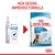 Image showing change from Royal Canin Junior Large Dog to Royal Canin Puppy Maxi 2-15 months, with text 'New design, improved formula' above the packaging.
