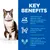 Tekst na engleskom: Key Benefits. 100% balanced nutrition, with delicious ingredients and an irresistible texture. High-quality salmon protein for lean muscles. Essential taurine for heart health & balanced minerals to support kidneys & bladder.