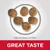Kibble pieces shown with approximate size 4.5 x 8mm and text stating great taste.