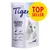 Tigerino Silicate Litter, TOP SELLER, obrázek bílé kočky, text: light & economical, stops odours before they arise, inhibits bacterial growth, dust-free, with lavender scent, 5L