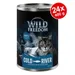 Wild Freedom Cold River kattmat, kyckling med alaska pollock, 100 % grain-free recipe, burk 400 g. Röd cirkel med text: 24x 400 g.
