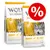 Две опаковки Wolf of Wilderness Sunny Glade, 12 кг, с етикет 100% grain-free recipe и голям червен знак за процентна отстъпка. Видим текст: lots of fresh chicken meat & venison.