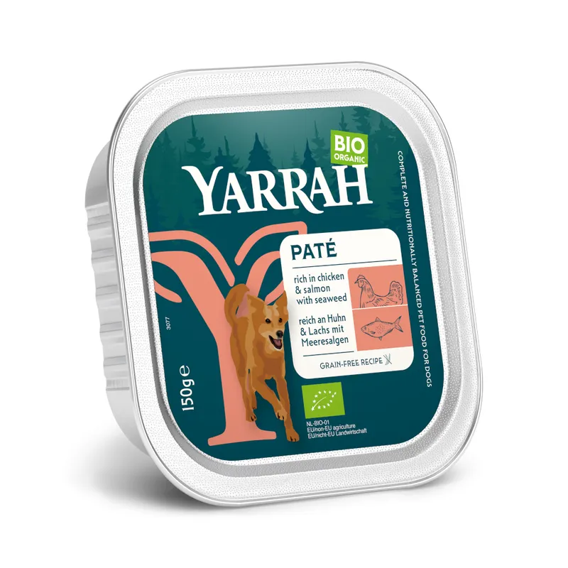 Yarrah Bio en tarrinas 36 x 150 g - Pack Ahorro - Paté pollo con salmón ecológicos y algas ecológicas