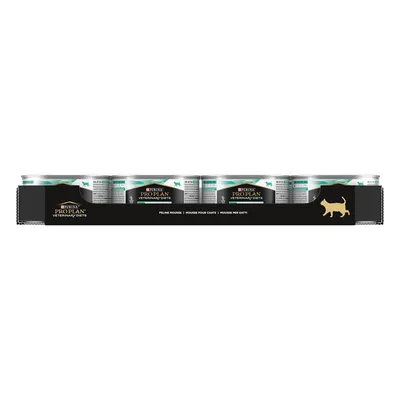 Tray containing multiple cans labelled as veterinary diets, with text indicating feline mousse in several languages and a gold cat silhouette on the packaging. Tray containing multiple cans labelled as veterinary diets, with text indicating feline mousse in several languages and a gold cat silhouette on the packaging.