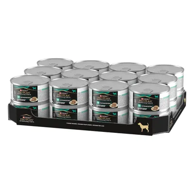 Purina Pro Plan Veterinary Diets EN Gastrointestinal, 12 tölkkiä mustassa pakkauksessa, tuotenimi ja koiran symboli näkyvissä. Purina Pro Plan Veterinary Diets EN Gastrointestinal, 12 tölkkiä mustassa pakkauksessa, tuotenimi ja koiran symboli näkyvissä.