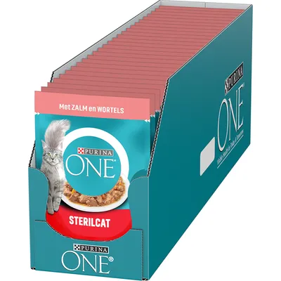 Purina ONE Sterilcat kattenvoer, met zalm en wortels. Verpakking toont meerdere portiezakjes in een doos.