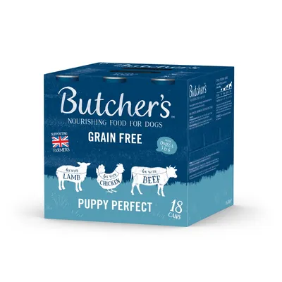 Butcher's nourishing food for dogs, grain free, contains 6 cans each with lamb, chicken and beef, supports British farmers, with omega 3 and 6, puppy perfect, pack of 18 cans.
