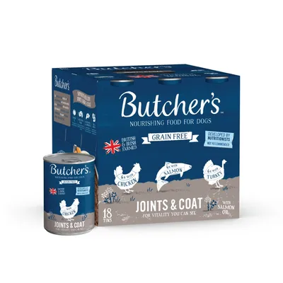 Butcher's grain free nourishing food for dogs, 18 tins pack with chicken, salmon and turkey. Joints & Coat formula with salmon oil. British & Irish farmed, developed by nutritionists.