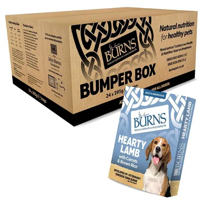 Burns Bumper Box containing 24 x 395g trays of Hearty Lamb with Carrots & Brown Rice, developed by veterinary surgeon John Burns. Suitable for adult and senior dogs.