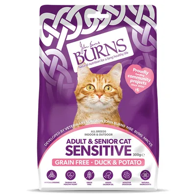 Burns Adult & Senior Cat Sensitive, grain free duck and potato, 300g. Hypoallergenic, added salmon oil, sensitive digestion, natural ingredients, taurine for heart health.