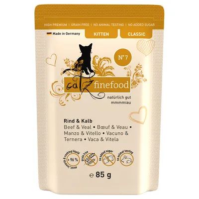 Catz Finefood Nr. 7 hovězí a telecí, 85 g, pro koťata a Classic, vyrobeno v Německu, bez obilovin, bez přidaného cukru, bez testování na zvířatech, 96 % masa ve vývaru.