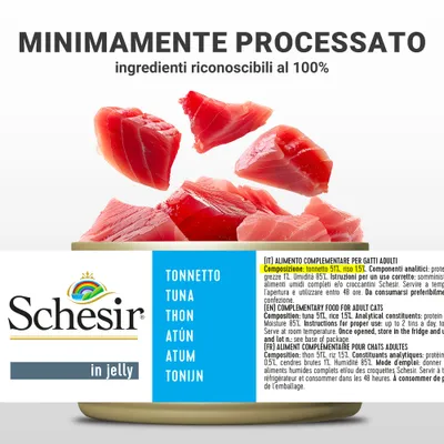 Schesir in jelly, tonnetto 51%, riso 1,5%. Testo: minimamente processato, ingredienti riconoscibili al 100%. Alimento complementare per gatti adulti. Etichetta multilingue visibile.