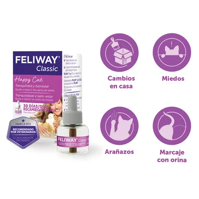 FELIWAY Classic recambio 30 días. Texto visible: Happy Cat, tranquilidad y bienestar. Recomendado por veterinarios. Iconos: cambios en casa, miedos, arañazos, marcaje con orina.