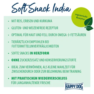 Soft Snack India, Happy Dog. Texte en allemand : recette végétarienne, avec riz, pois, curcuma, sans gluten ni blé, forme cœur, sans sucre ajouté ni conservateurs, refermable.