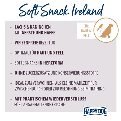 Texte en allemand : Soft Snack Ireland, Lachs & Kaninchen mit Gerste und Hafer, weizenfreie Rezeptur, optimal für Haut und Fell, ohne Zuckerzusatz, Happy Dog.