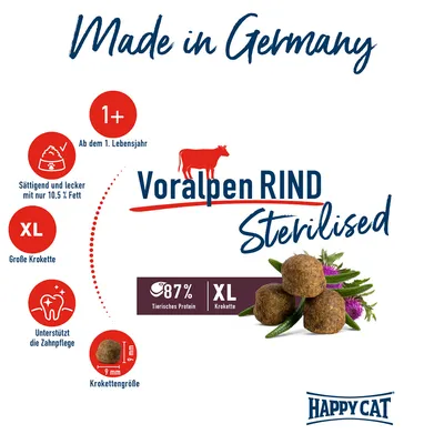 Happy Cat Voralpen Rind Sterilised. Ab dem 1. Lebensjahr, grosse XL-Kroketten, unterstützt die Zahnpflege, sättigend mit 10,5% Fett, 87% tierisches Protein. Made in Germany.